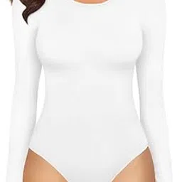 mangopop Women's Round Neck Long Sleeve Tops T Shirt Bodysuit (001 Long Sleeve (White), Large)-picture-17
