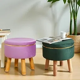 Ottoman Stool for Living Room Sitting Pouffes Soft Velvet Ottoman Seat & Wooden Legs – Soft Seating Footrest for Living Room, Bedroom & Home Decor -16x16x17 Inch, Green-Purple-image-10