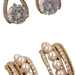 Shree Ji Korean Earrings for Women and Girls | Stylish Pearl Earring Set with Cubic Zirconia, Alloy and Brass Cuff Earring Set | C-Shaped Huggie Earrings Rhinestone Studs Fashion Jewelry (Combo of 2)-picture-47