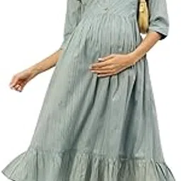 Cotton Grey/Black Maternity Dresses for Women with Feeding Zip - Floral Breastfeeding Maternity Gown Kurti for Pregnant Women - Nursing Pre and Post Pregnancy Wear(GreyBLack)-picture-23