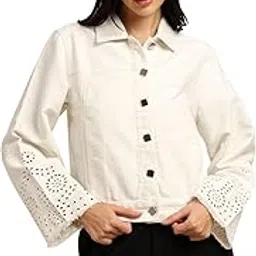 7ounce Women's 100% Cotton Twill Schiffli Embroidery Jacket - Full Sleeve with Side Pockets & Raw Edge Detail-picture-32