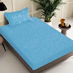 FABINALIV Sky Blue Floral Woollen Embossed Single Bedsheet with Pillow Cover (FLWSBS-1073-SBlue)-picture-15