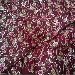 1 Meter Burgundy Colour Sequin Embellished Georgette Fabric, Floral Pattern, for Women's Blouse and Dress, Lehenga-picture-31
