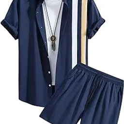 xpior Navy Blue Strip Design Mens Half Sleeves Cords Cotton Material-picture-26