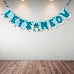 WOBBOX Cat Birthday Decoration "Let's Meow" Blue Bunting Banner, Kitty Birthday Decoration Items-picture-17