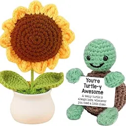 Kawai Homes Cute Emotional Support Crochet Toys Handmade Gifts with Message for Women Men Friends Coworkers, Birthday Christmas Valentine's Gift (Crochet Sunflower + Turtle)-picture-25