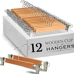 Ginoya Brothers Wooden Pants Hangers Bottom Hanger Jeans Hanger Skirt Hanger with 2-Adjustable Anti-Rust Clips for Pants, Skirts, Clothes Anti-Rust Hook Best for wodrobe Decor. (Beige, 12)-picture-48