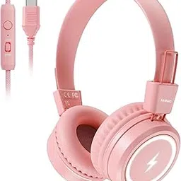 Kid Headphones for School, USB Type C Kids Headphone with LED Lights, Wired Boys Girls Headphones with Safe Limiter 85dB/95dB, Foldable On Ear Headphones with Microphones for School/iPad-picture-39