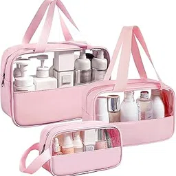 KBS Washbag Toiletry Kit Cosmetic Makeup Storage Organizer Bags Pouch Set of 3, Clear Travel Luggage Organiser Transparent with Metal Zipper for Men Women Girls (Pink)-picture-46