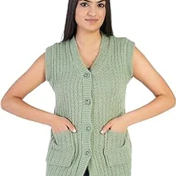 Women's Woolen V-Neck Buttoned Sleeveless Cardigan Self Design Soft Wool Fabric Winter Wear Pure Wool Sweater Cotty Fully Warm with Front Pockets Stylish Sweater-picture-26
