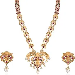 sukkhi Amazing Pearl Gold Plated Goddess Temple Jewellery Long Haram Necklace Set for Women (SKR80485), Pink & Green, Free Size-picture-17