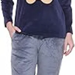 ninen Women’s Winter Velvet Pajama Set – Navy Blue Teddy Bear Top with Grey Pants | Cozy Long Sleeve Loungewear & Warm Nightwear Set for Women-picture-11