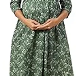crafiqa Pre & Post Maternity/Nursing Wear Hand Block Printed Kurta Cum Midi Dress/Nighty with Both Sides Zipper for Easy Feeding for to Be Moms & Nursing Mothers Cotton Dark Green-picture-40