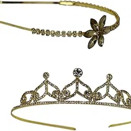 jwella Golden Crystal Tiara Crown and Rhinestone Flower Headband Combo for Women and Girls | Princess Party Accessories | Elegant Hair Bands for Wedding, Bridal, Birthday, Pageant, and Festive Looks-picture-10