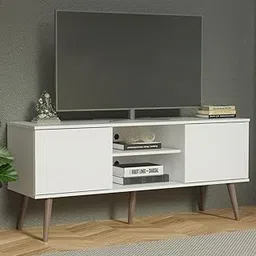 Goldview Furniture Modern White Wooden TV Stand – Mid-Century Media Console with Open Display Shelves, Side Cabinets, and Angled Legs – Stylish Entertainment Unit for Living Room-image-80