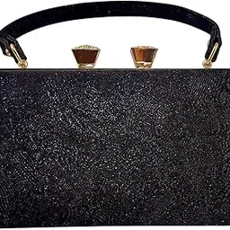 Evening Clutch Purse, Black Shimmer Fabric, Gold Hardware Accents, Top Handle Design-image-22