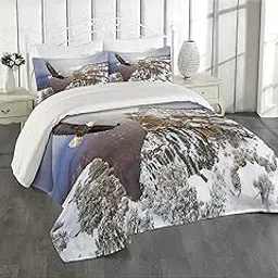 Ambesonne Africa Coverlet, Aerial View of Bald Eagle Flying in The Snow Covered Grand Canyon Rocky Arizona USA, 3 Piece Decorative Quilted Bedspread Set with 2 Pillow Shams, Queen Size, White Brown-picture-23