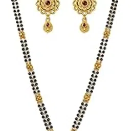 Traditional Gold Plated Double Chain Mangalsutra Set for Women with Ruby Stone Pendant & Matching Earrings | Black Beads Design | Elegant Indian Wedding & Festive Jewelry Set | Kundan Work Gold Finish Necklace-picture-42