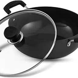 Vinod Black Pearl Plus Hard Anodised Deep Kadhai with Lid - 4.1 Litre, 26 cm | 3.25mm Thick | Natural Stick Free Kadai | Metal Spoon Friendly | 2 Year Warranty | Induction Base image 1