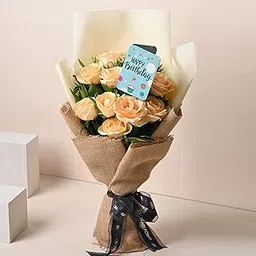 FlowerAura Fresh Live Flower Bouquet of 10 Peach Rose With Happy Birthday Pop-Up Card Perfect Birthday Gift For Girlfriend, Boyfriend, Colleagues, Husband, Wife, Siblings & Parents (Same Day Delivery) image 1