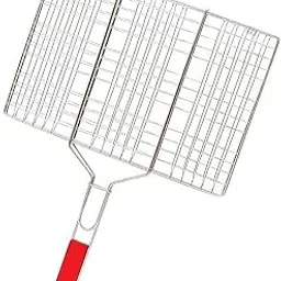 HELLYPO Stainless Steel Barbecue Grill Net Basket Roast Grilling Tray Chromium Plated BBQ Grill Net Basket with Long Wooden Handle Barbecue Mesh Pan for Fish,Meat,Vegetable, Shrimp and Food-picture-18