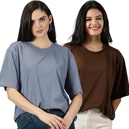 rodzen Oversized Baggy Fit Half Sleeves Round Neck Solid Cotton Blend Combo T-Shirt for Women (Pack of 2)-picture-23