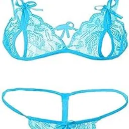 G Gerry Weber Women's Sexy Lingerie Set | Transparent Open Cup Bra & Crotchless Panty | Lace Honeymoon Nightwear (Sky Blue)-picture-43
