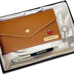 savri Personalized Pen, Stainless Steel Symbol Keychain Round Shape and Leather Women's wallet Combo with Charm and Your Name Engraved. Best Gift Combo for Her image 1
