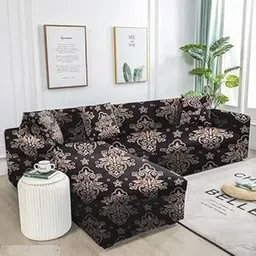 Damask Pattern L-Shape Sofa Cover, Elastic Stretch Slipcover, Black and Beige-image-63
