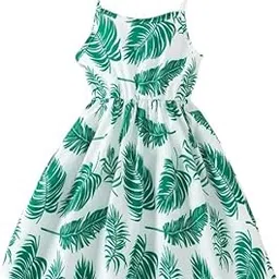 2story Girls' Tropical Palm Leaf Print Summer Sundress, Spaghetti Strap, White and Green-picture-50