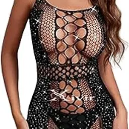 xivir Fishnet Babydoll Lingerie, Mesh Lace Chemise with Rhinestone Detailing, Elegant Mini Dress Black-picture-15