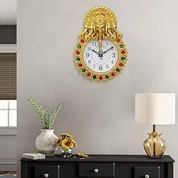 Webelkart Designer Stones Ganesha Plastic Wall Clock for Home/Living Room/Bedroom/Kitchen| Wall Clock for Office (Gold) image 1