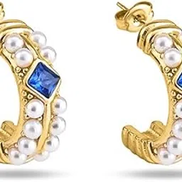 palmonas 18k Gold Plated Classic Pearl and Sapphire Gold Hoop Earring for Women - Gift for Girls & Women | Waterproof & Anti-Tarnish Earrings-picture-25