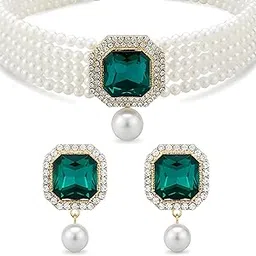 Elegant Emerald Multi-Strand Pearl Choker Necklace| Emerald Crystal Earring Set with Gold-Plated Zircon | White Pearl Drop Jewellery Set | Royal Jewellery set for women-image-24