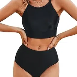 herseas Women's Bikini Sets High Neck Tropical Leaf Print High Waisted Two Pieces Swimsuits Bathing Suits-picture-14