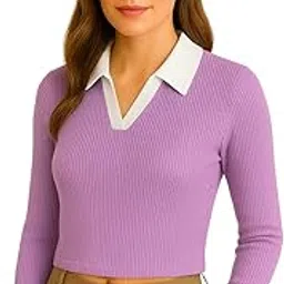 black velour Women’s Ribbed Knit Top with Contrast Collar | Long Sleeve Stretch Fitted Crop Sweater | Elegant Casual Office-picture-15