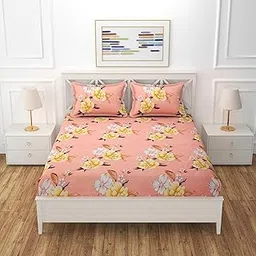 Floral Bedding Set with Yellow Roses Print, Pink Coral Background, White Accent Flowers, Double Size Duvet Cover with 2 Pillowcases-picture-20