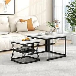 RIBAVARY® Marble Laminated Look Square Coffee Tables Set, 2 Piece Stackable Center Table with Storage Drawer and Metal Frame for Living Room or Apartments (with Storage Shelf, White-Black)-image-30