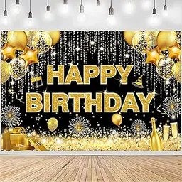 DARSHANAM WORLD Birthday Decoration Backdrop Cloth Curtain (Pack of 1, Size: 5x8 Feet) Background Enhancer Poster,Happy Birthday Sign Theme-(Polyester) (Gold & Black)-image-50