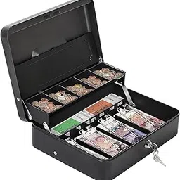 SUNBEET Metal Money Box with Key and 5 Coin Compartments, 4 Note Spring-Loaded Clips Easy to Carry Handel Note Security Box (METAL MONEY BOX)-picture-14