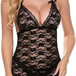 Women's Deep Neck Babydoll Lingerie Set Nightie Nightwear for Women Net Lace Half Coverage Nighty for Girlfriend Wife Bridal Honeymoon, Valentine (BD-11606)-image-60