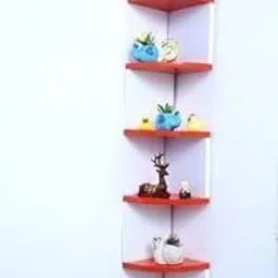 Wooden Wall Shelves | Corner Hanging Shelf for Living Room Stylish | Zig Zag Home Decor Floating Display Rack Storage Organizer Unique Design with Finish 5 Tiers (White Side RED)-picture-36