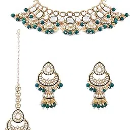 zaveri pearls Green Meenakari Bridal Kundan Choker Necklace Earring & Maangtikka Set For Women-ZPFK17581-picture-41