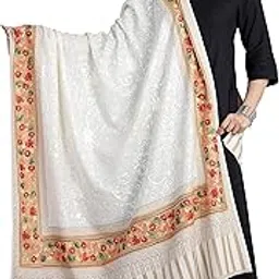 Ravaiyaa - Attitude is everything Women's Kashmiri Hand Embroidered Wool Shawl, Warm and Soft Stylish Wraps, Classic and Elegant Faux Pashmina (White)-image-10