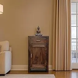 Wooden Storage Cabinet, Solid Wood, 35 x 22 x 12 inches, Brown, Single Door, Decorative Zen Style-picture-11
