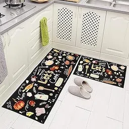 AAZEEM Printed Kitchen Floor Mat & Runner with Anti Skid Backing, Set of 2 (40 x 130 & 40 x 60 cm) (Black)-picture-49