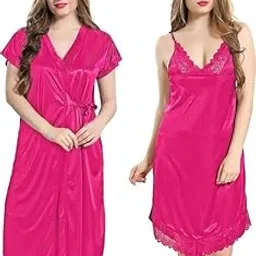 Women's Satin Nighty Set with Robe, Stylish Fancy Hot Night Dress for Women, Bridal Satin Nightwear Set-image-0