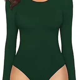 mangopop Women's Round Neck Short Sleeve/Long Sleeve Tops T Shirt Bodysuit (Long Sleeve (Deep Green), Medium)-picture-18