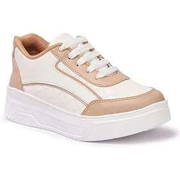 zapatoz Women's Fashion Sneakers, White and Beige Color Block Design, Casual Athletic Walking Shoes with Platform Sole, Lace-up Closure-picture-18