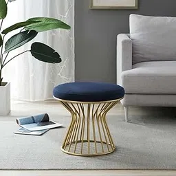 Ereteken ART Round Velvet Ottoman Footrest Modern Round Stool Seat Sturdy Gold Metal Base,Accent Furniture Perfect For Use In Any Bedroom, Living Room, Entryway, Offices (Gold & Blue), 13.78 Inch-picture-16